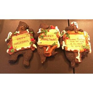 Black Bear Holding Signs Merry Christmas‎ Tree Holidays Ornaments Resin Set Of 3